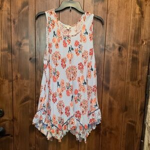 Cato Coral Floral Stripe Ruffle Tank